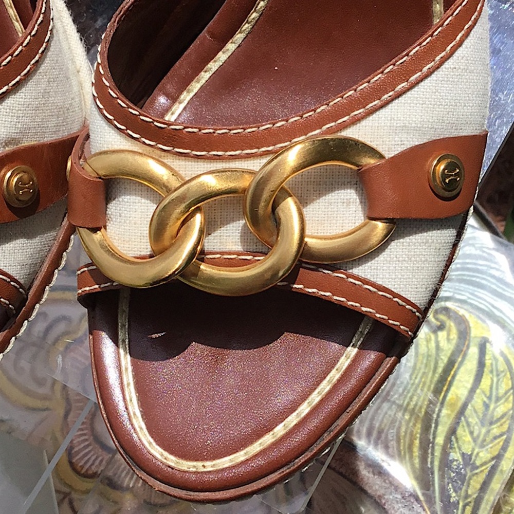 Cole Haan Kina Wedges Natural Linen/Brown leather Sandals - Picture 5 of 15